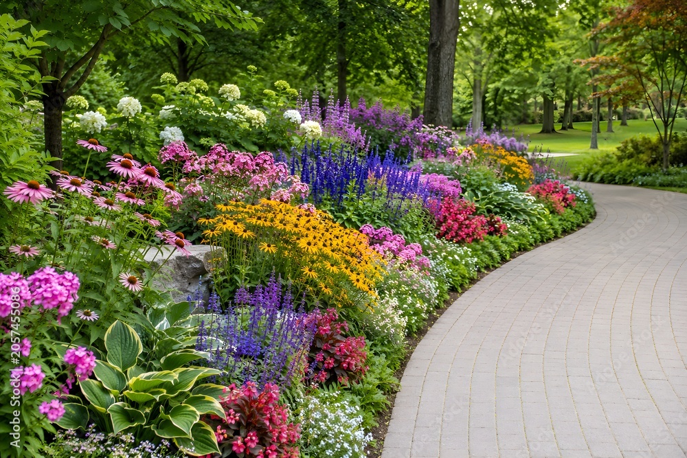 Fototapeta premium Vibrant Public Park Flower Border Along A Curved Pathway With Colorful Blooms And Fresh Greenery