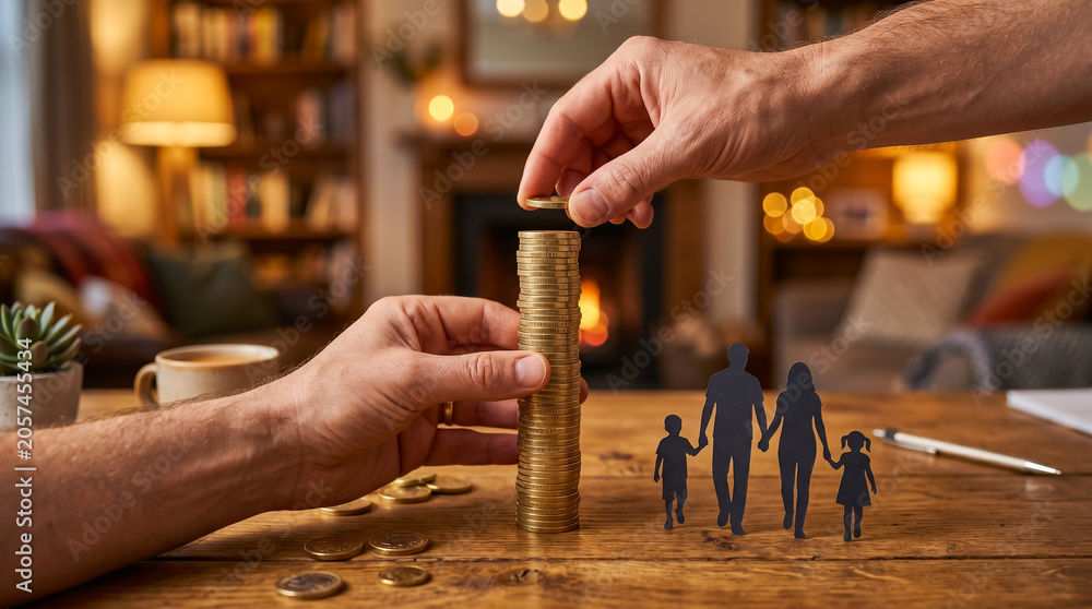 Obraz premium Human hands carefully stack shiny gold coins into a tall tower beside small black paper cutouts of a family to represent financial planning and savings