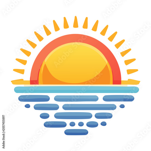 Flat design vector illustration of sun with rays and waves