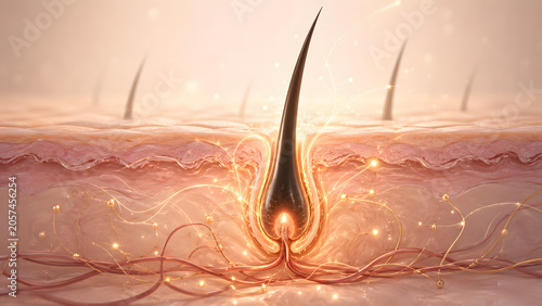 Hair follicle anatomy illustration with glowing particles