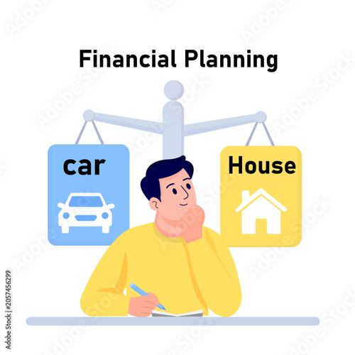 Young Man Balancing Finances on Scales for Car and House Purchase Decision, Financial Planning and Budgeting Vector Illustration.