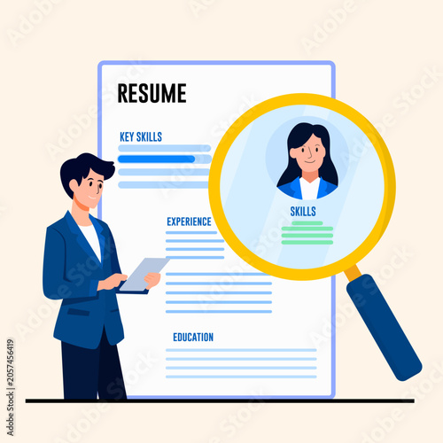 HR Recruiter Inspecting Job Applicant Candidate Profile with Magnifying Glass, Resume Review, and Talent Acquisition Vector Concept.