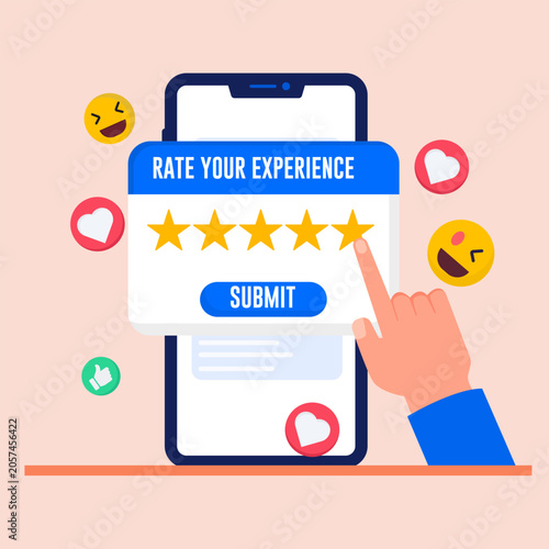 User Rating Customer Service Experience Five Stars on Mobile Phone App, Feedback Survey Submission Vector Concept.
