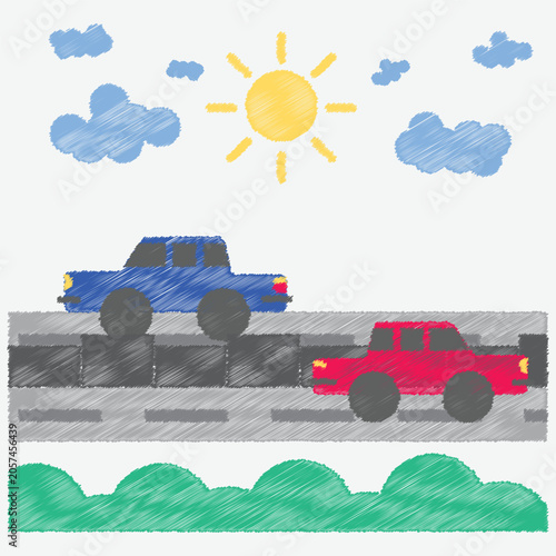 Colorful Crayon Drawing of Cars on Road with Sun and Clouds Childlike Sketch Style Vector Illustration