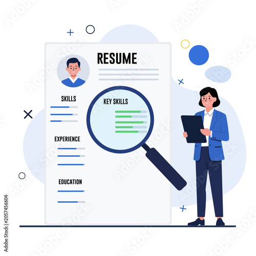 Female Hiring Manager Analyzing Job Applicant Resume and Key Skills with Magnifying Glass, Human Resources Vector Illustration.