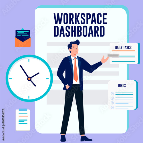 Professional Businessman Presenting Corporate Workspace Dashboard, Managing Daily Tasks, Inbox, and Time Management Vector model.