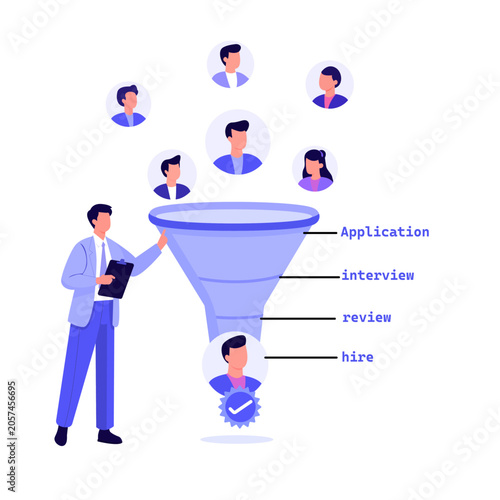 Human Resources Recruitment Funnel Vector, Filtering Profiles from Application and Interview to Final Candidate Hire Vector Illustration model.