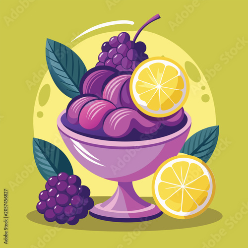 Purple dessert bowl with berries and lemon slices