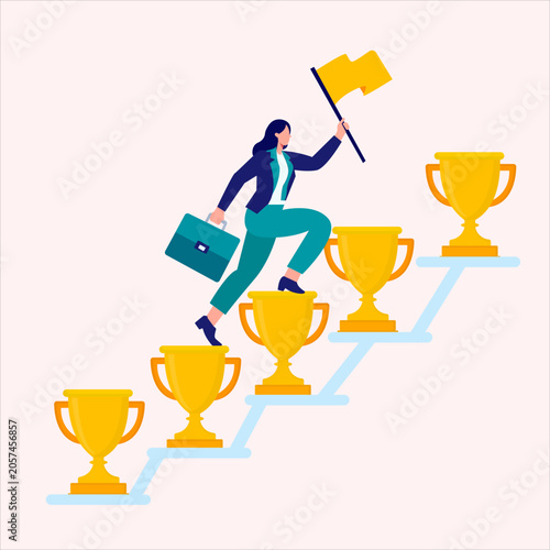 Ambitious Businesswoman Climbing Corporate Ladder of Success, Stepping on Gold Trophies to Corporate Career Growth Vector.