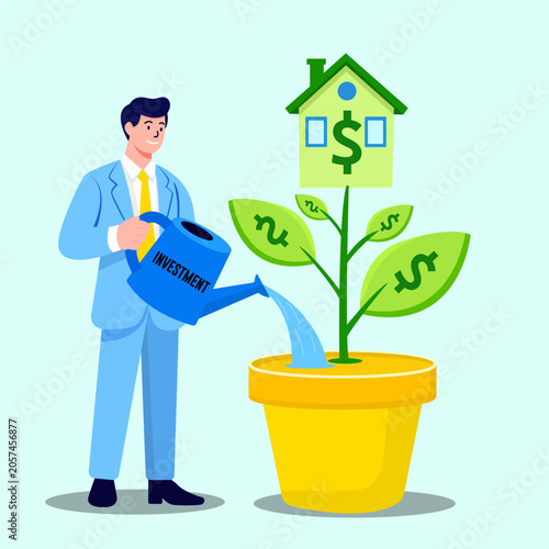 Businessman Watering Money Tree Plant Growing in House, Real Estate Investment and Financial Growth Wealth Management Vector.