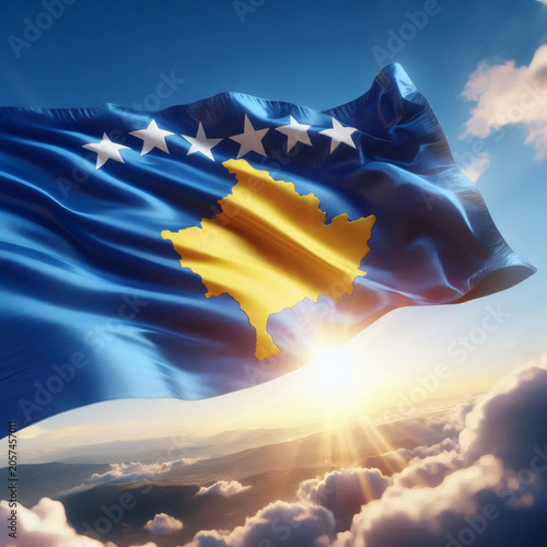 A Stylized Waving Flag Of Kosovo Set Against A Bright Sunlit Sky Filled With Clouds