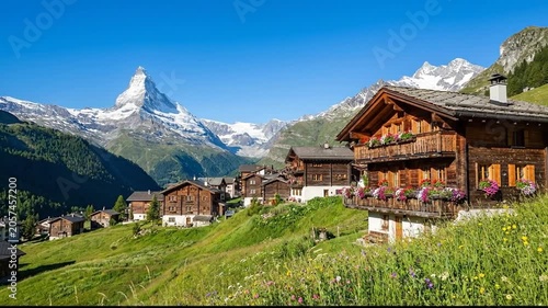 Exploring A Scenic Mountain Village with Snowy Peaks and Rustic Chalet Homes