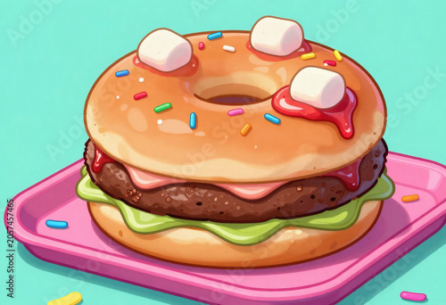An Illustrated Luther Burger Featuring A Savory Meat Patty Lettuce And Red Sauce Sandwiched Between A Glazed Donut Bun Topped With Colorful Sprinkles And Marshmallows Served On A Pink Tray
