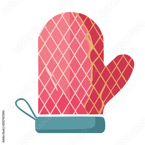 Red diamond pattern oven mitt with teal cuff and loop