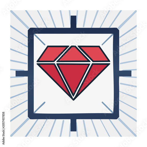 Red Gemstone Icon with Blue Frame and Rays