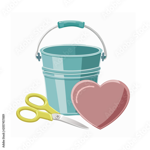 Teal Bucket, Yellow Scissors, and Pink Heart Illustration
