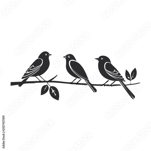 Three birds perched on a branch in minimalist style