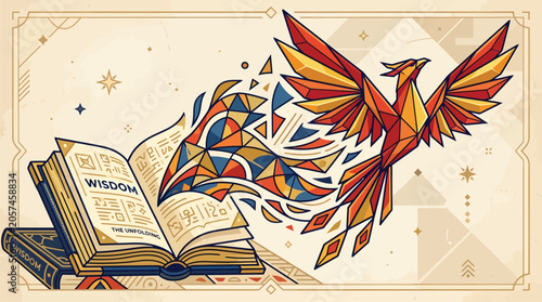 Photos Phoenix Rising from Open Book of Wisdom symbolizing knowledge and rebirth