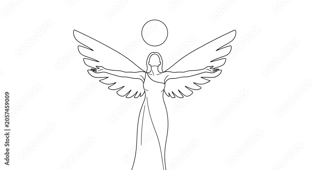 Fototapeta premium Elegant Angelic Figure with Wings and Halo Line Art Drawing.