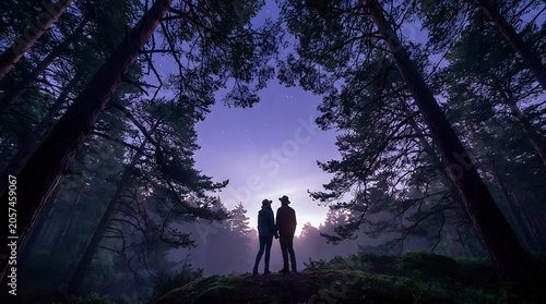 Silhouettes of two people standing together in a misty forest at dusk, surrounded by tall trees with purple twilight sky above, conveying connection and adventure.