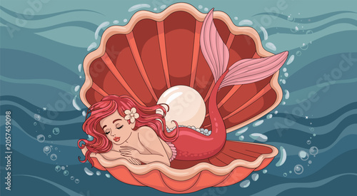 Photos Beautiful mermaid with flowing red hair resting inside open seashell, underwater