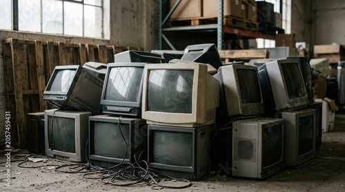Stack of old electronic cathode ray tube television sets in a warehouse. Heap of discarded retro monitor equipment. Concept of e-waste recycling, technology obsolescence and past media.