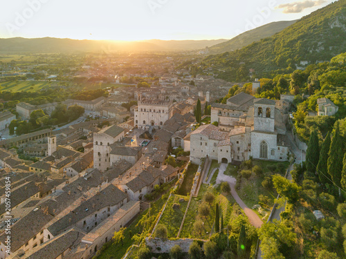 Aerial view of historic Gubbio town at sunset in Umbria, Italy