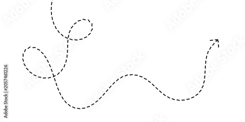 A dashed arrow curves and loops, indicating direction and movement with a dotted line