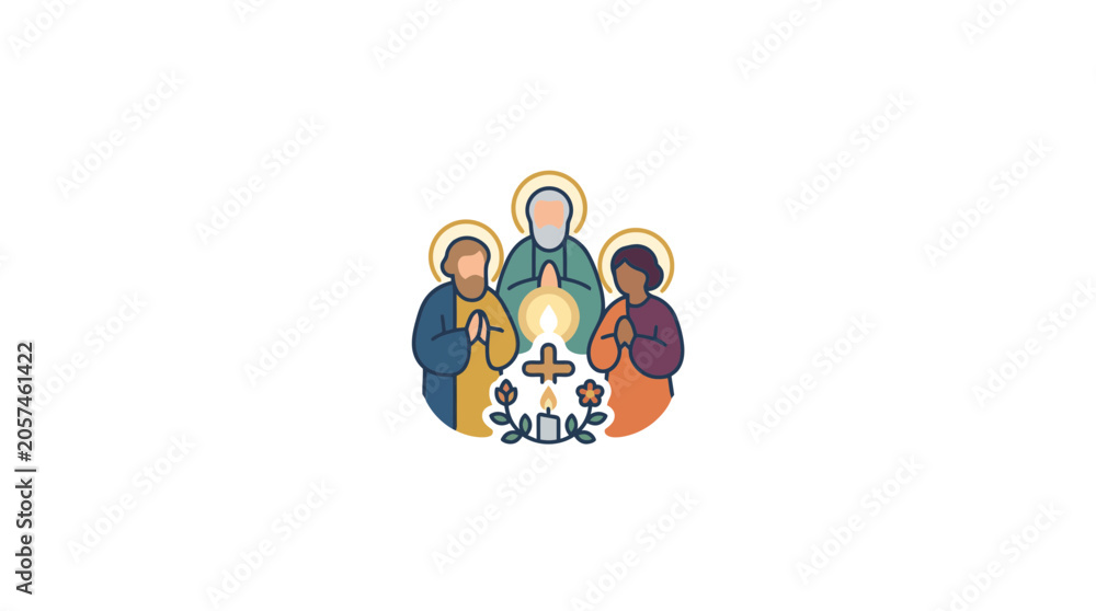 Fototapeta premium Religious Trinity Concept: Three Figures, Cross, Candle, and Flowers