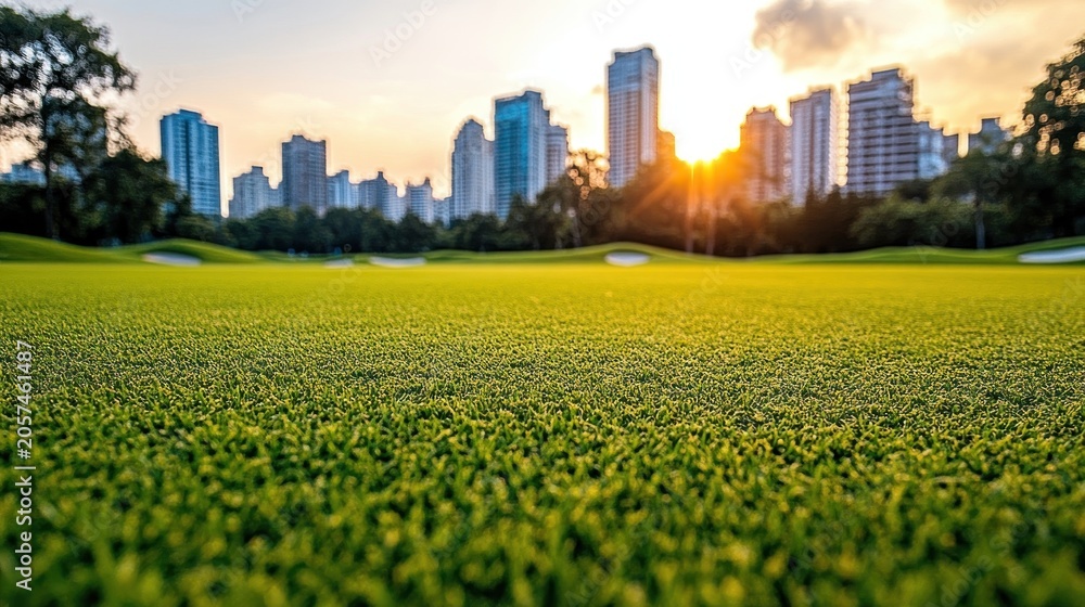 Obraz premium Sunlight casts a warm glow over a lush green golf course near towering city buildings