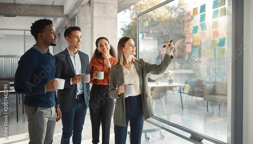 Team Brainstorming Session: A diverse group of business professionals collaborates around a glass board filled with sticky notes.