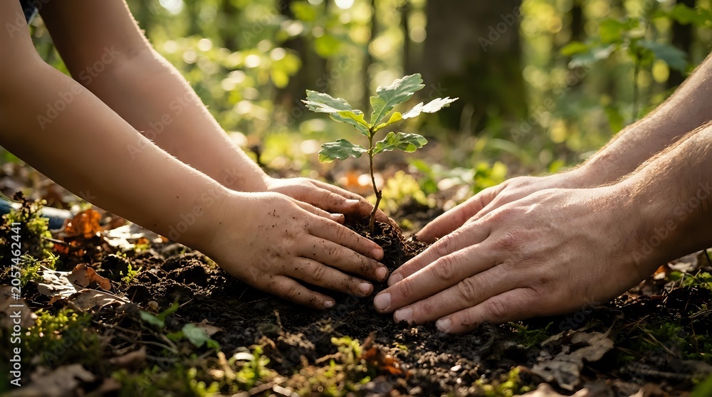 Fototapeta premium Multiple hands together carefully planting small green seedling tree in forest soil for environmental conservation ecology and sustainability concepts.