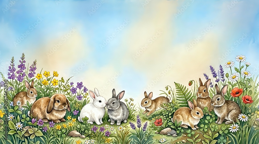 Obraz premium Young rabbits and bunnies gathered in wildflower meadow with purple lupines, yellow flowers, and green foliage. Suitable for children's illustrations, Easter designs, and nature-themed projects.