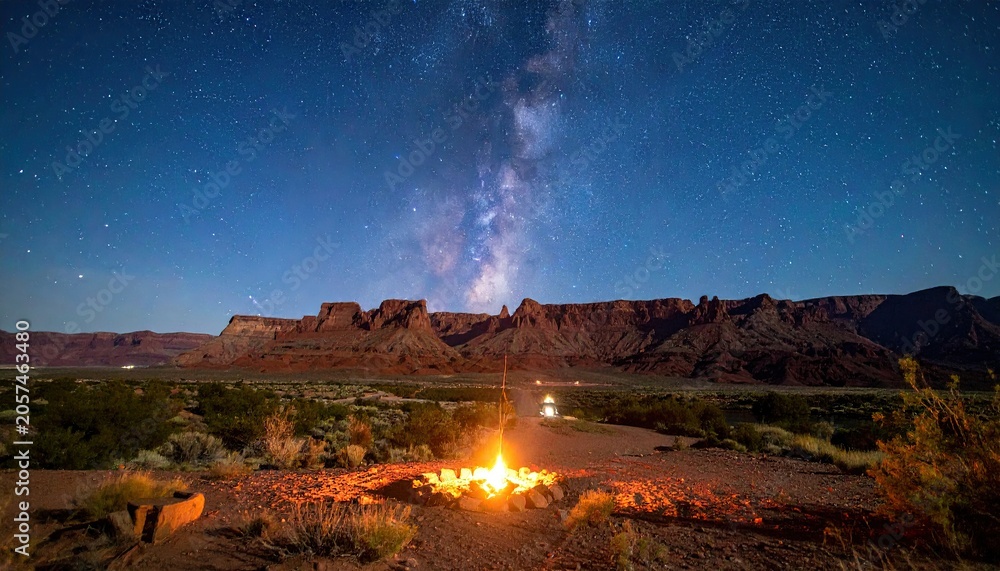 Fototapeta premium Night Sky and Milky Way Over Desert Landscape with Campfire