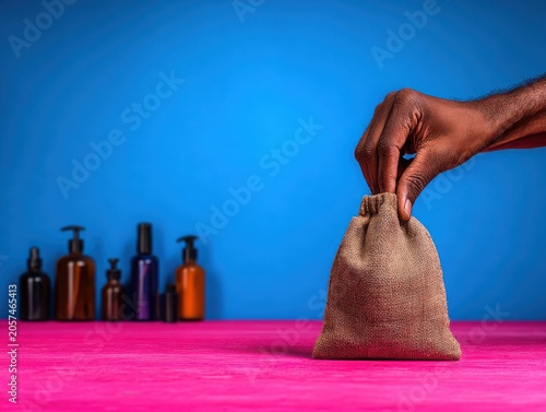 Hand reaching for a small burlap bag on pink surface with bottles  
