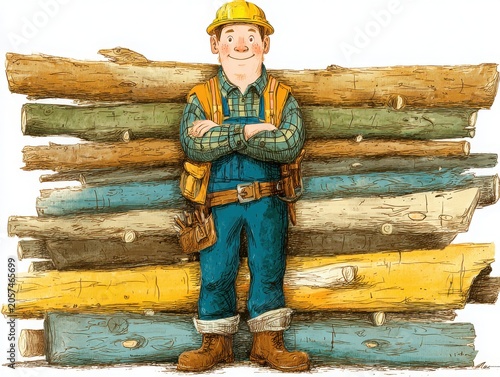 Cheerful construction worker standing with arms crossed by wooden logs  