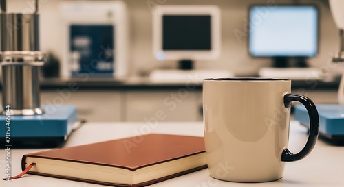 Coffee mug and notebook on office desk in technology research lab with notebook
