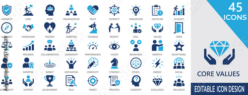core values solid icon set with company principles, diversity, collaboration, vision, mission, sustainability, respect, and corporate culture symbols.