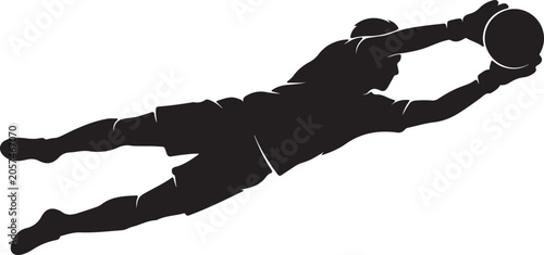Goalkeeper diving to catch soccer ball black silhouette isolated on transparent background showing athletic save motion for professional sports training graphics.