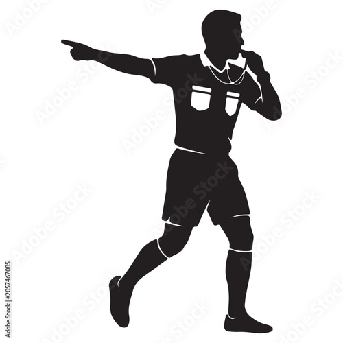 Soccer referee blowing whistle and pointing direction on pitch black silhouette illustration for match official sports design showing authority and decision.