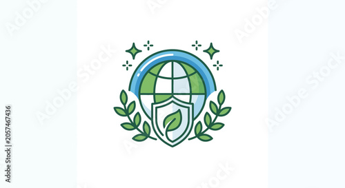 Global Environmental Protection Icon: Shield, Leaf, Globe, and Stars