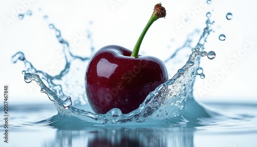 Single dark red cherry splashes into clear water. Dynamic water splash with droplets frozen mid-air. Clean white background highlights fruit freshness and purity.