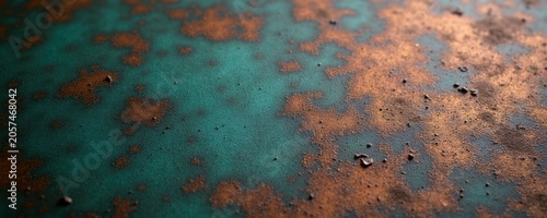 Close-up of aged copper metal surface with green patina and rust spots. Weathered textured background for design projects. Old material with unique pattern.