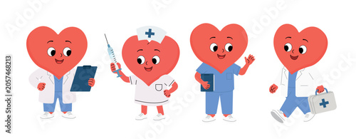 Photography Set of cartoon heart doctor characters.