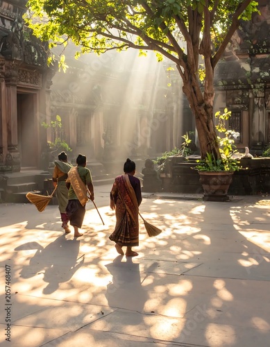 Couple walking through autumn city fountain.