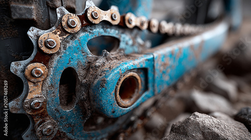 Mountain bike drivetrain features a rugged blue crankset and mud-covered chain system indicative of intensive outdoor trail usage and extreme cycling performance in challenging terrains.