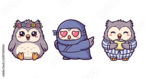 Cute Owl and Ninja Characters Illustration.