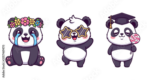 Cute Panda Characters with Different Accessories and Expressions.