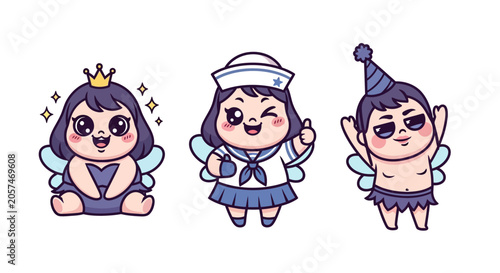 Cute Cartoon Characters in Different Outfits and Styles.