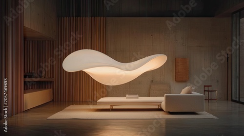 Illuminated sculptural light fixture hangs low over minimalist seating area in contemporary interior design